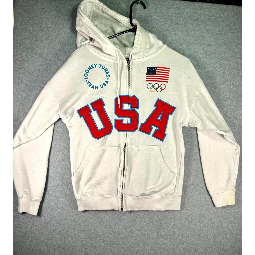 Stain* Team USA Olympics Hoodie Womens XS White Looney Tunes Bugs Bunny Print
